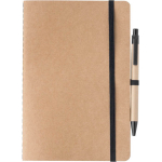 Caderno A5 em cartão reciclado com esferográfica e folhas em branco cor preto primeira vista