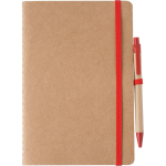 Caderno A5 em cartão reciclado com esferográfica e folhas em branco cor vermelho primeira vista