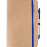 Caderno A5 em cartão reciclado com esferográfica e folhas em branco cor azul ultramarino primeira vista