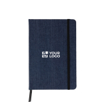 Caderno A5 em tecido de ganga com acabamento casual e folhas pautadas cor azul vista principal