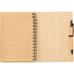 Caderno de bambu com caneta de tinta azul tamanho A5 e folhas pautadas oitava vista