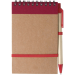 Bloco de notas em cartão reciclado com esferográfica e fecho elástico cor vermelho primeira vista