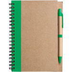 Bloco de notas A5 em cartão reciclado com esferográfica, folhas pautadas cor verde primeira vista