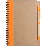 Bloco de notas A5 em cartão reciclado com esferográfica, folhas pautadas cor cor-de-laranja primeira vista