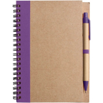 Bloco de notas A5 em cartão reciclado com esferográfica, folhas pautadas cor violeta primeira vista
