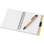 Bloco de notas em bambu com notas adesivas, caneta e folhas pautadas sétima vista