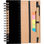 Caderno de papel reciclado com notas adesivas, caneta e folhas pautadas cor preto primeira vista