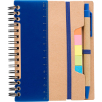 Caderno de papel reciclado com notas adesivas, caneta e folhas pautadas cor azul primeira vista