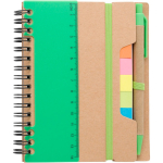 Caderno de papel reciclado com notas adesivas, caneta e folhas pautadas cor verde-claro primeira vista