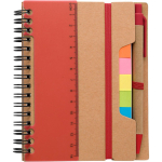 Caderno de papel reciclado com notas adesivas, caneta e folhas pautadas primeira vista