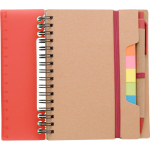 Caderno de papel reciclado com notas adesivas, caneta e folhas pautadas segunda vista