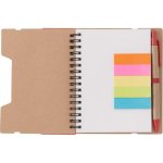 Caderno de papel reciclado com notas adesivas, caneta e folhas pautadas terceira vista
