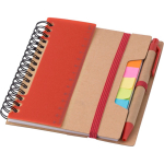 Caderno de papel reciclado com notas adesivas, caneta e folhas pautadas nona vista
