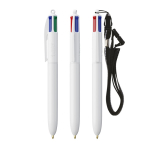 Caneta de plástico com lanyard para pendurar e tinta de 4 cores BIC® cor branco