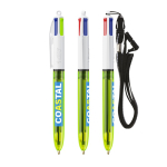 Caneta de plástico com lanyard, tinta 3 cores e 1 marcador BIC® cor verde-lima transparente