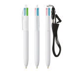 Esferográfica de plástico BIC® de 4 cores com fita para pendurar cor branco