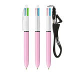 Esferográfica de plástico BIC® de 4 cores com fita para pendurar cor rosa pastel