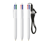 Caneta de plástico reciclado com lanyard e tinta de 4 cores BIC® cor branco