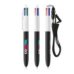 Caneta de plástico reciclado com lanyard e tinta de 4 cores BIC® cor branco
