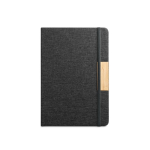 Caderno A5 com capa dura de bambu e RPET com fecho, folhas pautadas cor preto