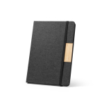 Caderno A5 com capa dura de bambu e RPET com fecho, folhas pautadas cor preto primeira vista