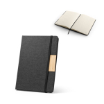 Caderno A5 com capa dura de bambu e RPET com fecho, folhas pautadas varias cores