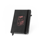 Caderno A5 pautado com planeamento mensal e banda elástica cor preto imagem com logo