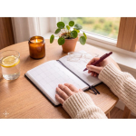 Caderno A5 pautado com planeamento mensal e banda elástica vista conjunto