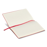 Caderno A5 com capa macia em PU e fita marca-páginas, folhas pautadas cor vermelho quarta vista