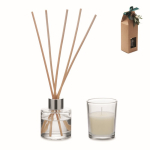 Conjunto aromático com difusor em vidro e vela com aroma a baunilha cor bege