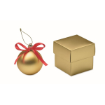 Bola de Natal para pendurar com fita e apresentada em caixa de oferta cor dourado