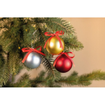 Bola de Natal para pendurar com fita e apresentada em caixa de oferta cor dourado vista conjunto