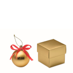 Bola de Natal para pendurar com fita e apresentada em caixa de oferta cor dourado vista principal
