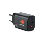Carregador de parede UE com USB-A e USB-C de carregamento rápido 65W cor preto
