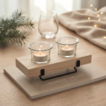 Porta-velas decorativo com suporte em madeira e ferro para 2 velas cor madeira vista conjunto