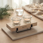 Porta-velas decorativo com suporte em madeira e ferro para 2 velas cor madeira vista conjunto principal