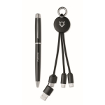Conjunto de caneta metálica e porta-chaves com cabo de carregamento cor preto vista principal segunda vista