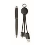 Conjunto de caneta metálica e porta-chaves com cabo de carregamento cor preto