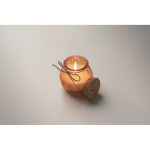 Porta-velas de vidro com tampa de cortiça e vela com aroma a baunilha cor cor-de-laranja vista fotografia quarta vista