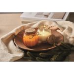 Porta-velas de vidro com tampa de cortiça e vela com aroma a baunilha cor cor-de-laranja vista conjunto