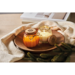 Porta-velas de vidro com tampa de cortiça e vela com aroma a baunilha cor cor-de-laranja vista conjunto principal