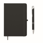 Conjunto de caderno em PU A5 com esferográfica azul e folhas pautadas cor preto