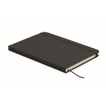 Conjunto de caderno em PU A5 com esferográfica azul e folhas pautadas cor preto quarta vista
