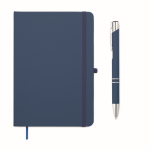 Conjunto de caderno em PU A5 com esferográfica azul e folhas pautadas cor azul