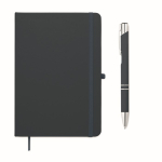 Conjunto de caderno em PU A5 com esferográfica azul e folhas pautadas cor azul-marinho segunda vista