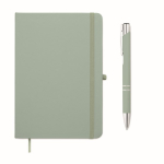 Conjunto de caderno em PU A5 com esferográfica azul e folhas pautadas cor verde menta