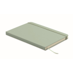 Conjunto de caderno em PU A5 com esferográfica azul e folhas pautadas cor verde menta quarta vista