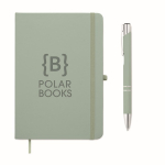 Conjunto de caderno em PU A5 com esferográfica azul e folhas pautadas cor verde menta vista principal