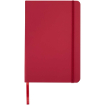 Caderno A5 com fecho elástico e fita da mesma cor, páginas pontilhadas cor vermelho segunda vista frontal