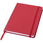 Caderno A5 com fecho elástico e fita da mesma cor, páginas pontilhadas cor vermelho